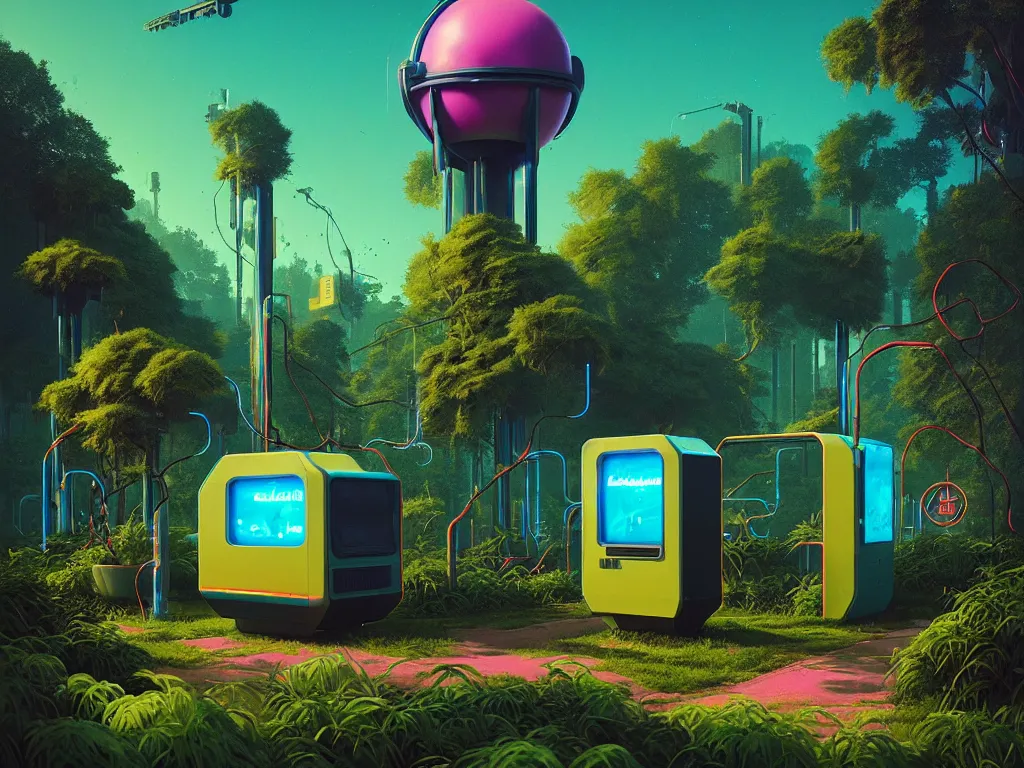 Prompt: 80s futuristic outdoor retro arcade, desolate, lush vegetation:: Simon Stålenhag and beeple and James Gilleard and Justin Gerard :: ornate, dynamic, particulate, intricate, elegant, highly detailed, centered, artstation, smooth, sharp focus, octane render, 3d