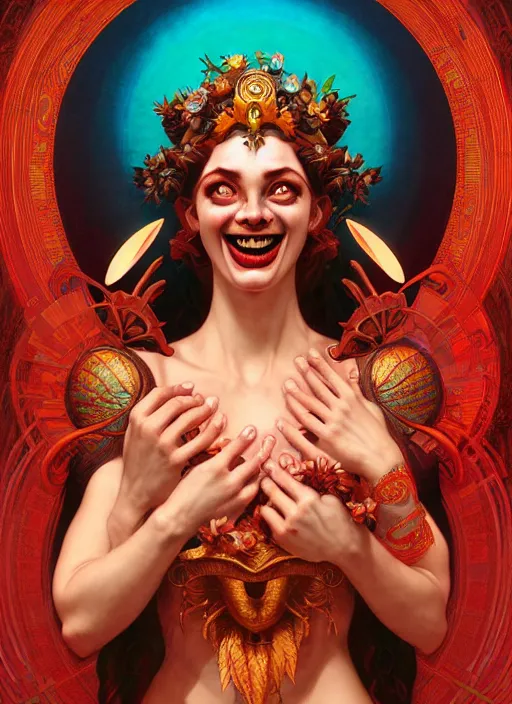 Image similar to the goddess hera laughing maniacally, paper tunic, glowing eyes, volumetric lights, red and cyan theme, art nouveau botanicals, intricate, highly detailed, digital painting, artstation, concept art, smooth, sharp focus, cinematic, illustration, art by artgerm and greg rutkowski and alphonse mucha