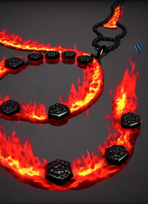 Image similar to rpg item, a black necklace with a bright red diamond in flames, Unreal 5, DAZ, hyperrealistic, rpg style, octane render, dynamic lighting