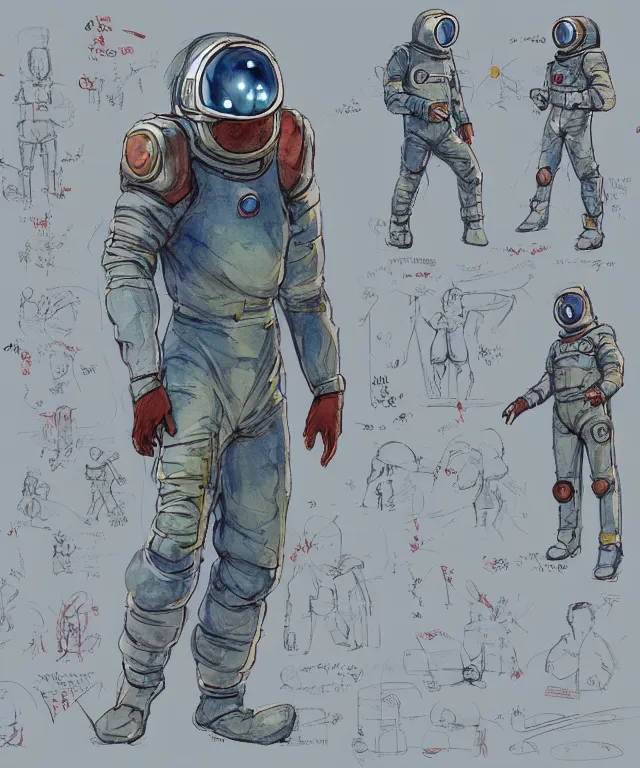 Prompt: color pen and ink and pencil sketch character concept design game asset of sketches watercolor of a boy scientist wearing a home made science fiction retro space suit by Stanley Artgerm Lau, WLOP, Rossdraws, James Jean, Andrei Riabovitchev, Marc Simonetti, and Sakimichan, tranding on artstation , assets, character design, tending on pinterest, trending on cgtalk, trending on concept art, trending on character design