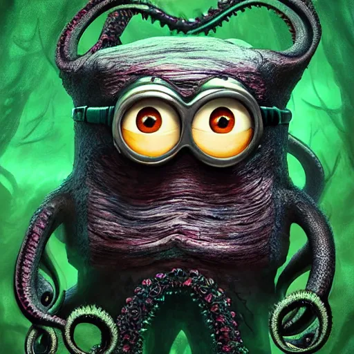 Image similar to Minion as Lovecraft's monster, dagon, Big monster, a lot of tentacles, evil, angry face, dark colours, green colours, high resolution, 50 mm, extremely realistic, cave, real life