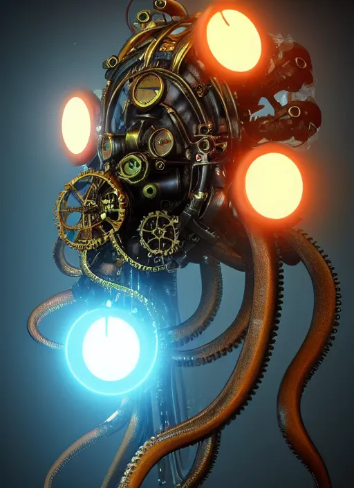 Image similar to steampunk mechanical octopus with glowing emissive eyes hyperrealistic emissive beautfiul artstation portfolio trending Ryan Church concept mist cyberpunk 2077 hardsurface modeling