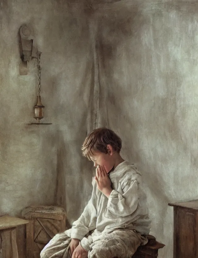 Prompt: peasant boy praying with his hands in country house, cottage core, cinematic focus, polaroid photo bleached vintage pastel colors high - key lighting, soft lights, foggy, by steve hanks, by lisa yuskavage, by serov valentin, by tarkovsky, detailed, oil on canvas