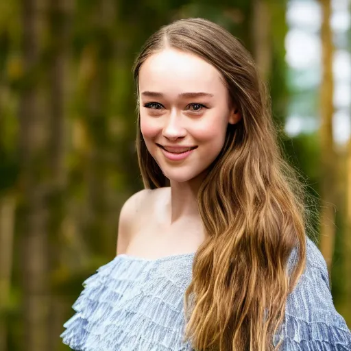 Prompt: alycia debnam carey smiling while posing for a photo, award winning photography, HDR, studio lighting, dynamic pose, medium close shot, shot on Canon EOS R5, f/2.5,