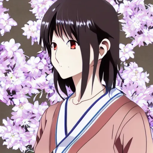 Image similar to Detailed anime key visual of a beautiful Japanese woman with short brown hair, shoulder-length; wearing a white shirt with a floral pattern; Official media