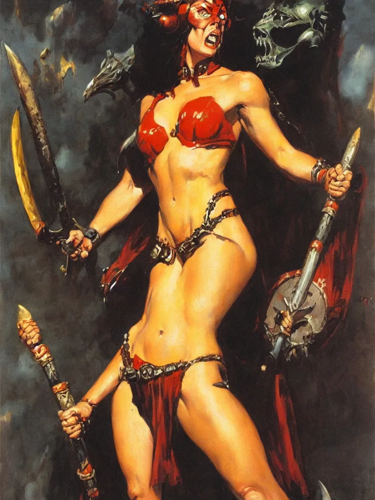 Image similar to portrait of the barbarian queen of saturn. oil on board, by frazetta.