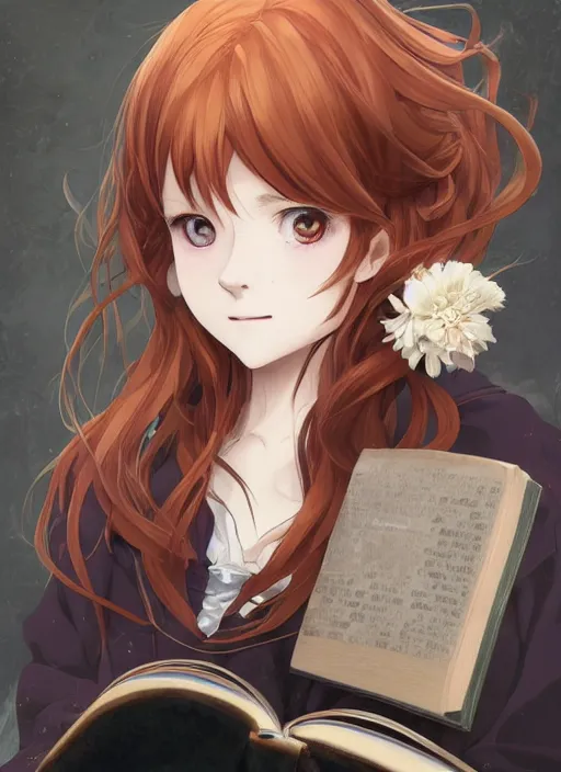 Prompt: a close up of a victorian maid with long flowing auburn hair sitting on a bed holding a book. cute anime eyes. by makoto shinkai, stanley artgerm lau, wlop, rossdraws, james jean, andrei riabovitchev, marc simonetti, krenz cushart, sakimichan, trending on artstation, digital art.