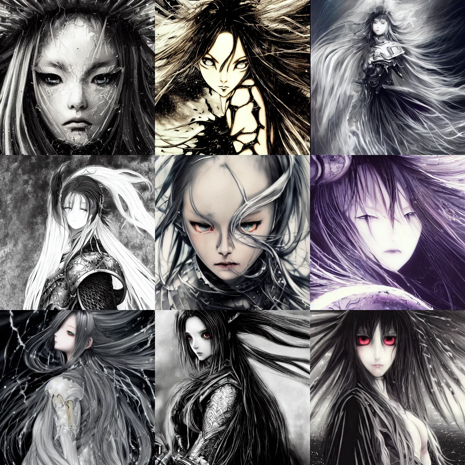 Prompt: blurred and dreamy illustration in the style of yoshitaka amano of an anime girl with wavy white hair and cracks on her face wearing elden ring armour with the cape fluttering in the wind, abstract black and white patterns on the background, noisy film grain effect, highly detailed, renaissance oil painting, weird portrait angle