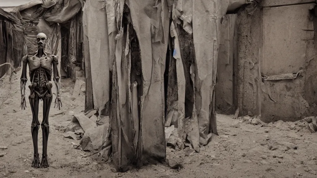 Prompt: Amazing digital concept art of an anatomical model without skin in a cowboy outfit, standing in a dusty old western town, by James Clyne. Cinematic. 24mm lens, 35mm film, Fujifilm Reala, f8