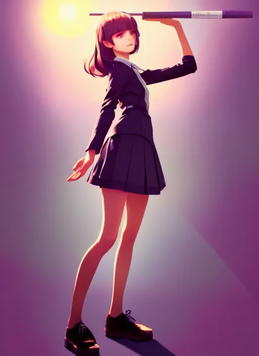 Image similar to full body beautiful and cute and aesthetic school girl greeting, very slightly smiling, wave a hand at the camera, perfect face, symmetric eyes, sharp focus, specular reflection, occlusion shadow, artstation, by ilya kuvshinov and jeremy lipking, light novel cover art, 3 d epic illustrations, symmetric body