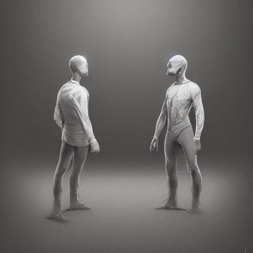 Prompt: A man and his clone facing each other, concept art, highly detailed, artstation, by wlop