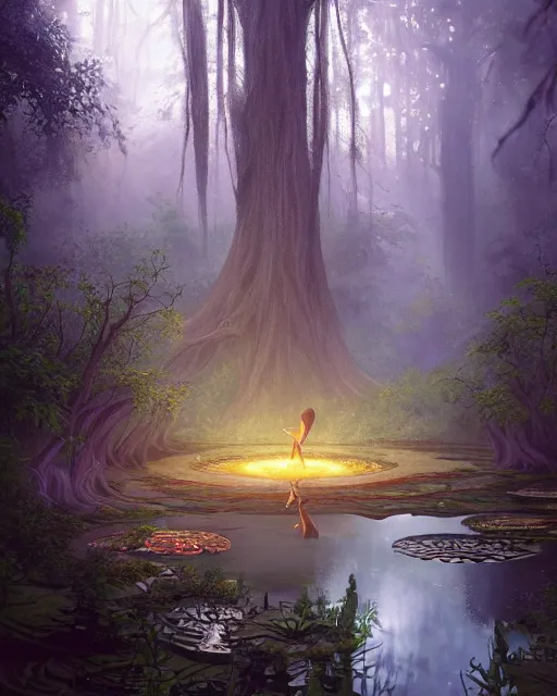 Prompt: a huge magical pond surrounded by a dense forest of crooked trees, roots reaching out to the water, fireflies, deep focus, d & d, fantasy, intricate, elegant, highly detailed, digital painting, artstation, concept art, matte, sharp focus, illustration, hearthstone, art by greg rutkowski and alphonse mucha and andreas rocha