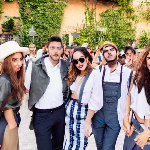 Image similar to a group of people are dressed in similiar fashion in an outdoor party in italy, wide lens shot, 3 0 mm, f 2. 8, concept party, themed object, high quality hd 8 k flash photography