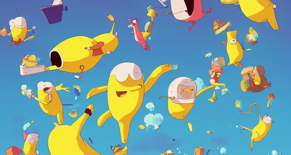 Prompt: cartoon banana birds swimming in ice cream in the style of adventure time, the amazing world of gumball, pixar, toki doki, greg rutkowski and makoto shinkai, trending on artstation