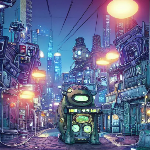 Image similar to fantasycore street view of futuristic machinarium tokyo at night by michael whelan and naomi okubo and dan mumford. cute ver.ka mecha machinarium robots. cel-shaded. glossy painting.