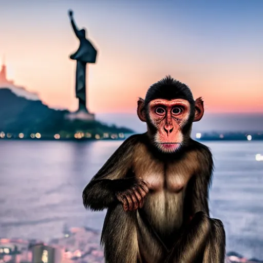 Image similar to high quality portrait of a monkey in front of Christ The Redeemer, studio photograph, photograph, realistic photo, 8k photo, 4k photo, stock photo, high resolution, cinematic shot, high detail