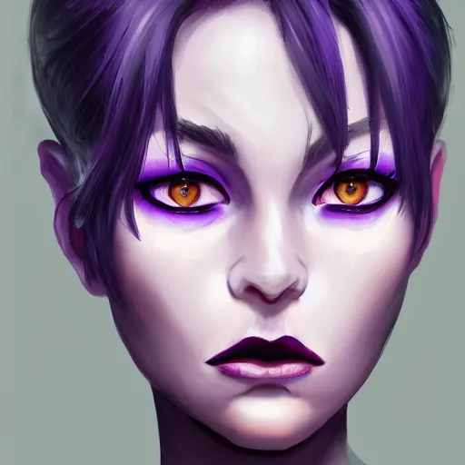 Image similar to a portrait of a tiefling with light purple skin and black hair, stunning digital painting trending on artstation