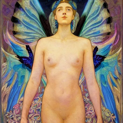 Image similar to queen of the dawn with her wings and her lantern, by Annie Swynnerton and Nicholas Roerich and Diego Rivera, flowing robes, bioluminescent skin, floral tattoos, elaborate costume, geometric ornament, symbolist, soft colors, dramatic lighting, smooth, sharp focus, extremely detailed