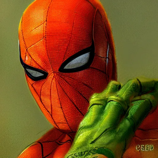 Image similar to an orange and green spiderman by cedric peyravernay