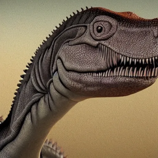 Prompt: hyper realistic rendering of a dinosaur that looks like a human, confused