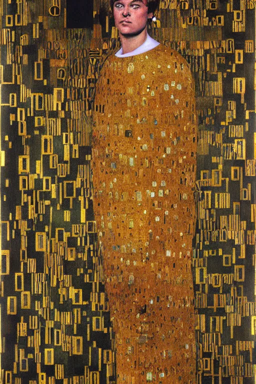 Prompt: ”Leonardo di Caprio as Gatsby”, Gustav Klimt (1901), oil and gold leaf