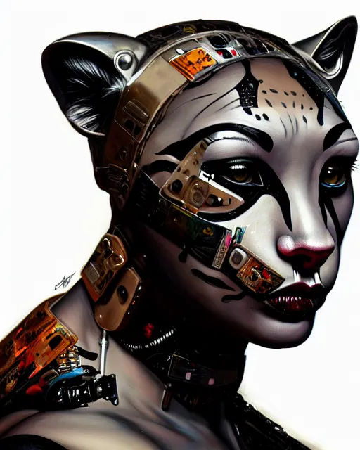 Image similar to a portrait of an anthropomorphic cyberpunk jaguar by sandra chevrier, by jon foster, detailed render, tape deck, epic composition, cybernetics, 4 k realistic, cryengine, realistic shaded lighting, sharp focus, masterpiece, by enki bilal