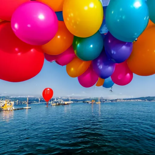 Image similar to photo of a lot of birthday balloons floating above a beautiful maritime port. sharp focus, highly - detailed, award - winning