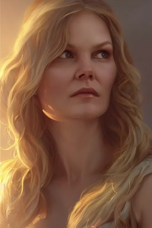 Image similar to painting of jennifer morrison,, ultra realistic, sharp details, subsurface scattering, intricate details, warm lighting, beautiful features, highly detailed, photorealistic, octane render, 8 k, unreal engine, art by artgerm and greg rutkowski and alphonse mucha