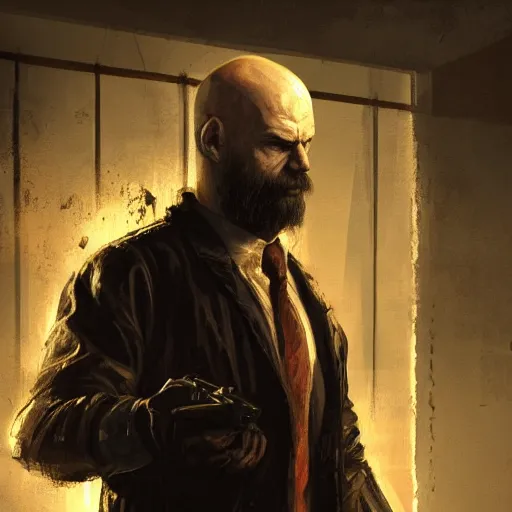 Prompt: painting of an undercover cup, concept art, bald, beard, max payne, call of duty, sin city, golden hour, city environment, dramatic lighting, digital art, 8 k, extremely detailed, drawn by ruan jia