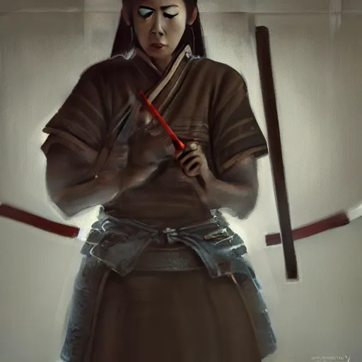 Image similar to painting of a female samurai locked in a prison, full view, popular on artstation, artstationhd, artstationhq 8 k, volumetric lighting, super focused, no blur, trending on artstation, artstationhd, artstationhq, ultra detailed, by artgerm and james gurney, greg rutkowski,