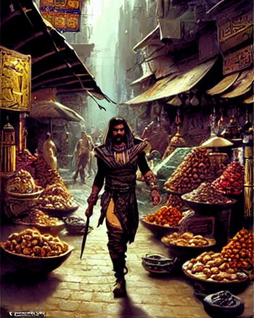 Image similar to fantasy concept art by craig mullins depicting colin farrell as an ancient egyptian rogue walking through a busy oriental market