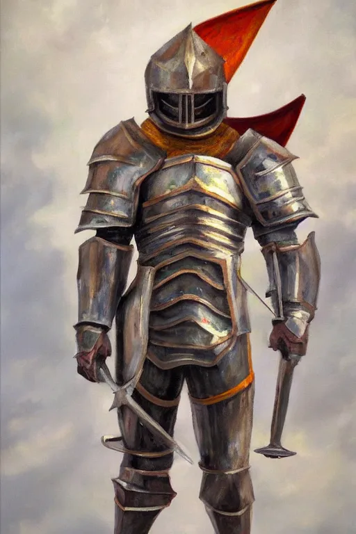 Image similar to a fantasy oil painting, concept art, a knight in full armor holding an unbrella