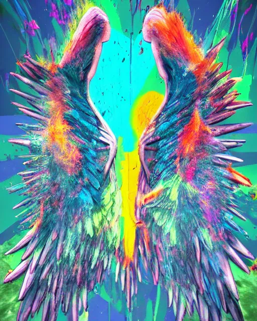 Image similar to two fallen Angels with big wings fighting each other, painting, expressionism, amazing composition, vaporwave, David Hockney, minimalistic graffiti masterpiece, 3d abstract render overlayed, psychedelic therapy, trending on ArtStation, ink splatters, pen lines, incredible detail, creative, unique,