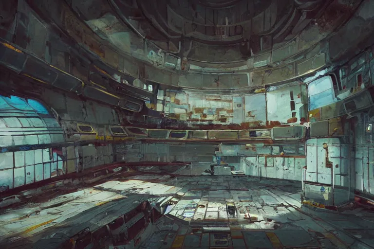 Image similar to A beautiful painting of inside in abandoned rusty space station from kindzadza, Trending on artstation.