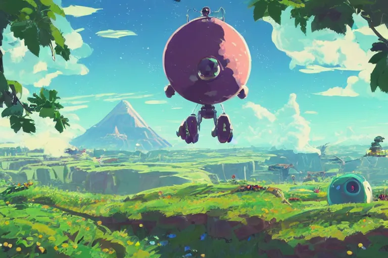 Image similar to computer game art, a flying buddy robot nearby, a small planet in the future, a Tinker's shack on a barren planet, wild berry vines, a berry farm, space junk, volcanoes, in the style of studio ghibli and No Man's Sky and Breath of the Wild