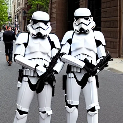 Image similar to two stormtroopers taking pictures with women on the street