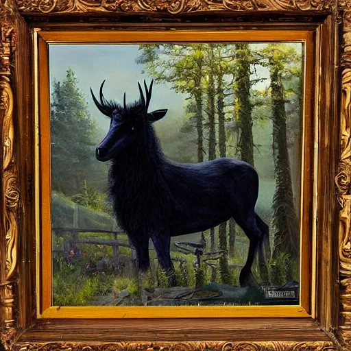 Image similar to thomas kincaid painting of black phillip from the movie the witch