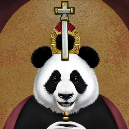 Prompt: a panda with a liturgical headdress, a mitre, and the hand of benediction, ultra detailed, 8 k, trending on artstation, award - winning art,
