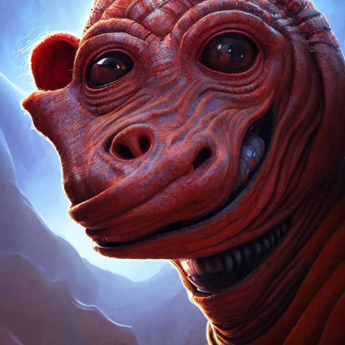 Image similar to portrait of jar jar binks. intricate abstract. intricate artwork. phantom menace. by tooth wu, wlop, beeple, dan mumford. octane render, trending on artstation, greg rutkowski very coherent symmetrical artwork. cinematic, hyper realism, high detail, octane render, 8 k, iridescent accents