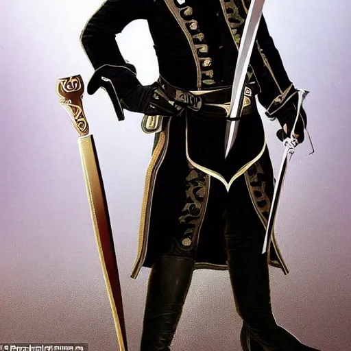 Image similar to full body photo of elon musk as a musketeer, he has a big black hat and holds a shiny sword