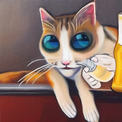 Image similar to oil in canvas of a cat drinking beer a bar, it is sad