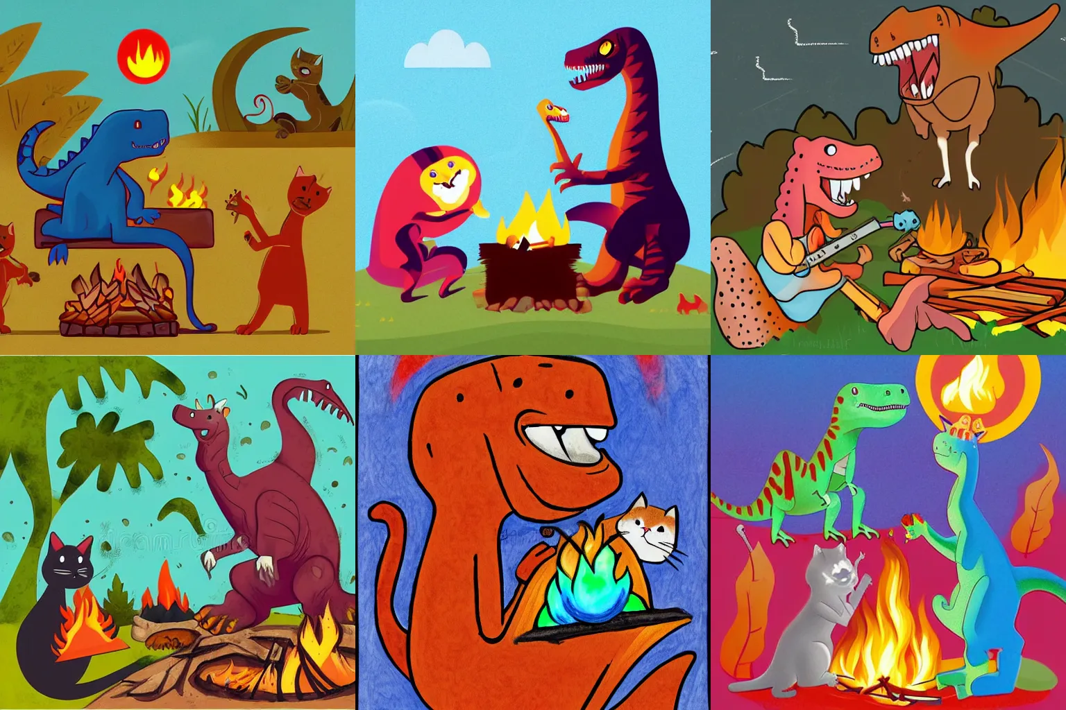 Prompt: A dinosaur having a campfire with a cat and playing a guitar, children art, illustration.