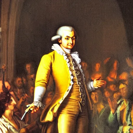 Image similar to a photo of wolfgang amadeus mozart on a rave. he sweats a lot because the club is poorly ventilated, but he still has a great time. club photography, smartphone photography.