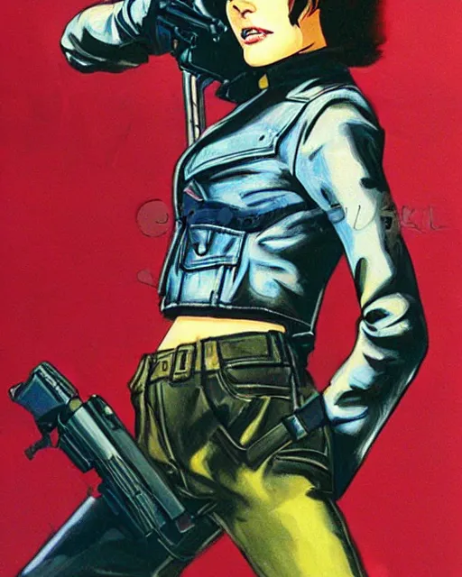 Image similar to young female protagonist in leather jacket with gun, city street, artwork by ralph bakshi