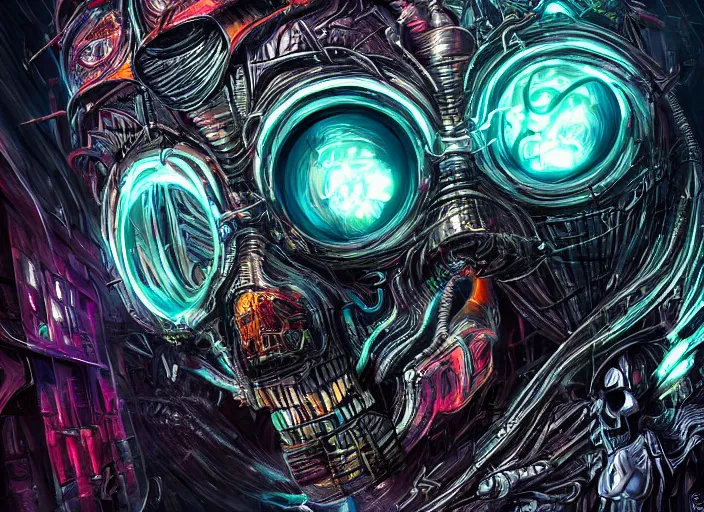 Image similar to a futuristic skull with glowing eyes and a wormhole tunnel cyberpunk art by android jones, featured on artstation, darksynth, synthwave