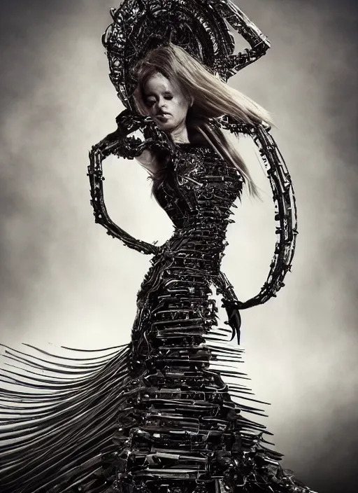 Image similar to expressive full body photo of bridget bardot, dress made of steel blades, glamour shot, by karol bak, stefan gesell, photorealistic, nikon d 4 x, fashion photography, hyper maximalist, elegant, ornate, luxury, elite, environmental portrait, symmetrical features, octane render, unreal engine, solid dark grey background, dramatic lights