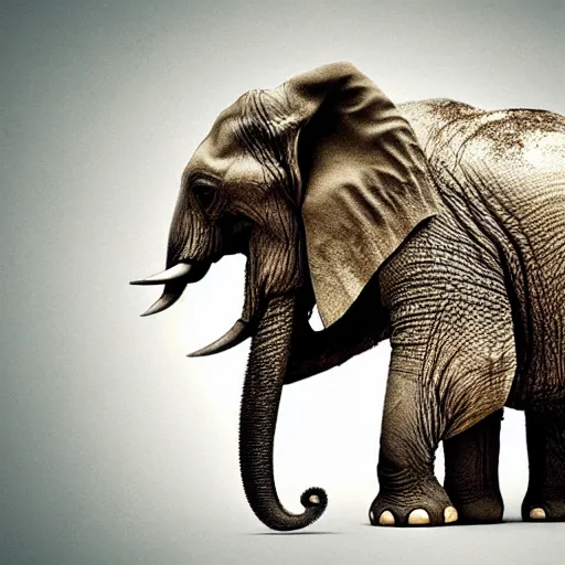 Prompt: an elephant falling apart and crumbling to dust to the air, photorealistic