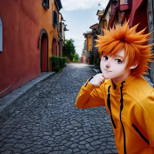 Image similar to orange - haired anime boy, 1 7 - year - old anime boy with wild spiky hair, wearing red jacket, running through italian town, yellow sunshine, sepia sun, ultra - realistic, sharp details, subsurface scattering, intricate details, hd anime, 2 0 1 9 anime