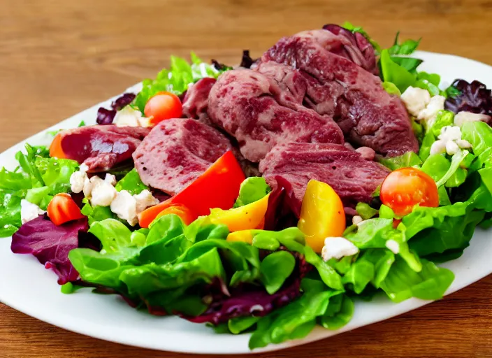 Prompt: dslr food photograph of salad with cow tounges, 8 5 mm f 1. 8
