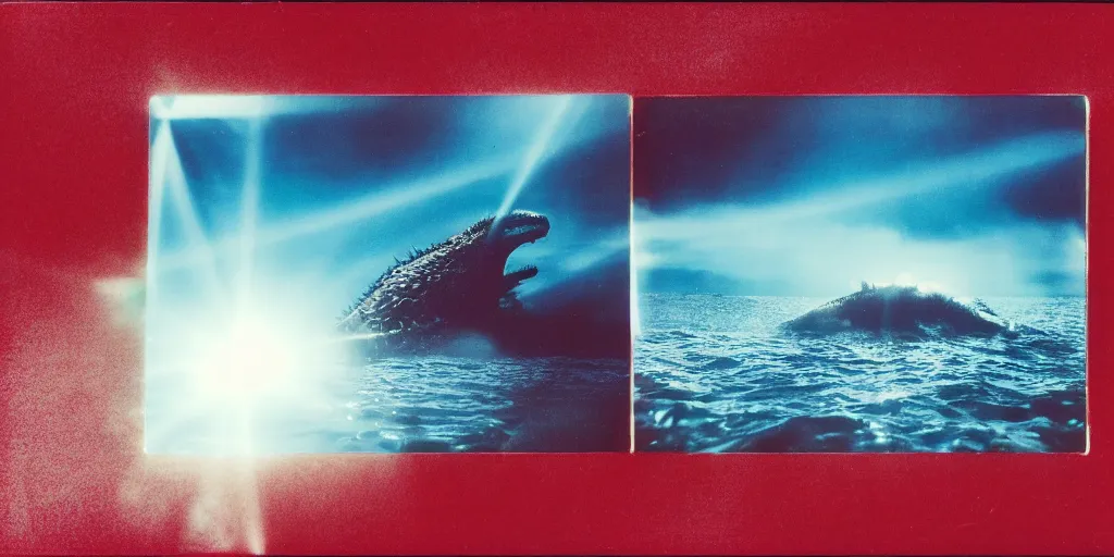 Prompt: analog polaroid photograph of godzilla swimming in the ocean, gigantic waves, seen from above, drone footage, bright sun reflection in the water, lensflare, film grain, azure tones, red color bleed